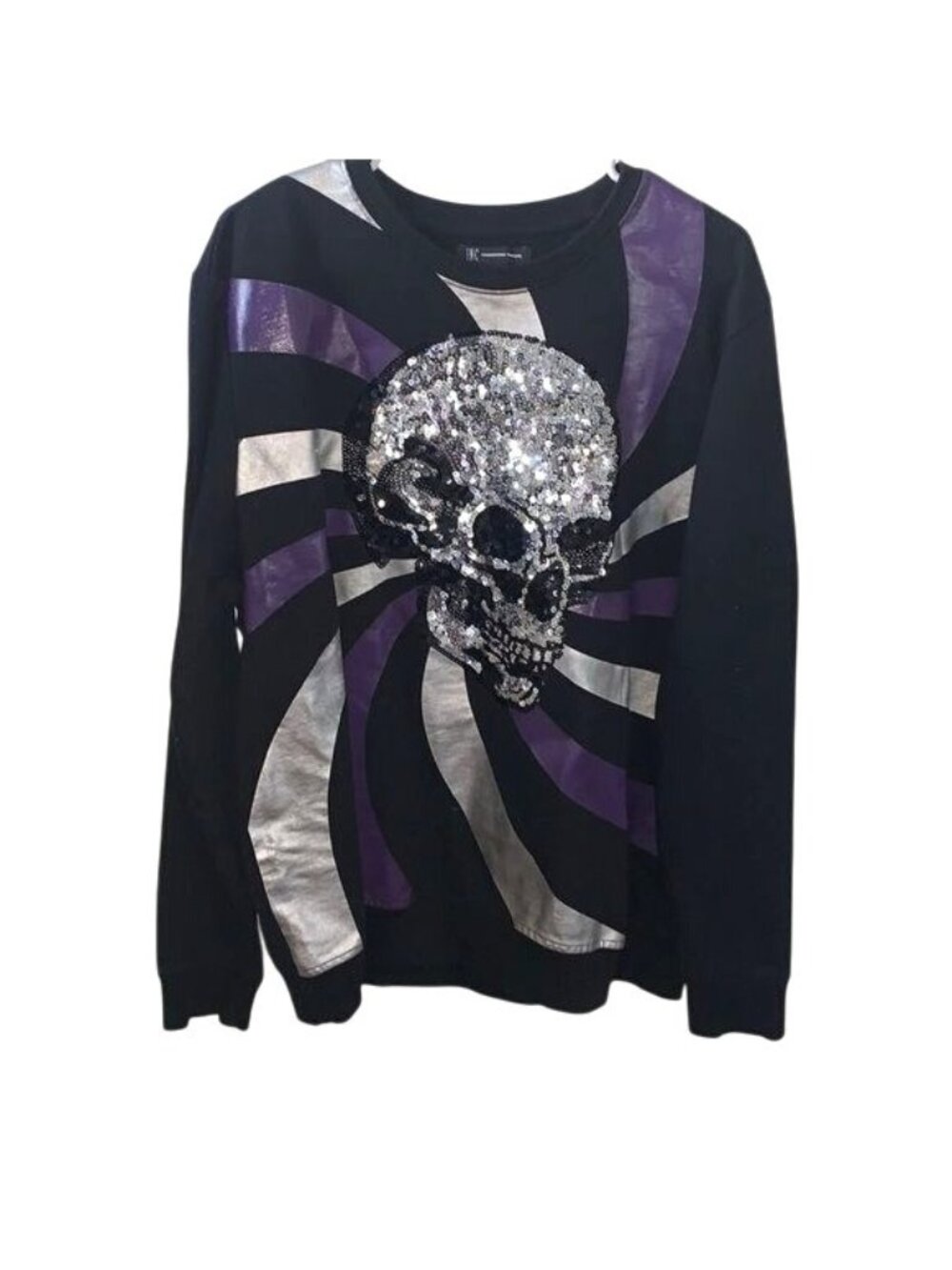 INC Skull Sequin Black & Purple Long Sleeve Sweatshirt XL